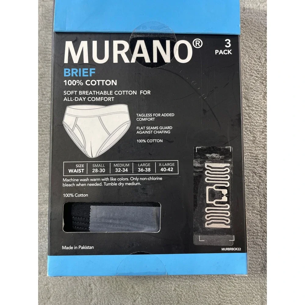Murano Briefs 3 Pack Mens Small 28-30‎ 100% Cotton Black Grey Tagless